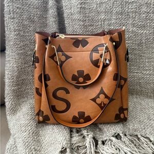 Elegant Brown Leather Tote with Monogram Pattern